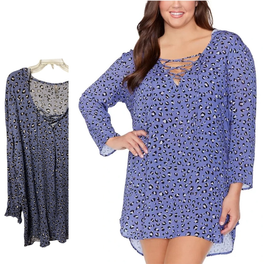 Raisins Curve Women's Grey 3/4 Sleeve Alba Printed Hoodie Swim Coverup Size 2X